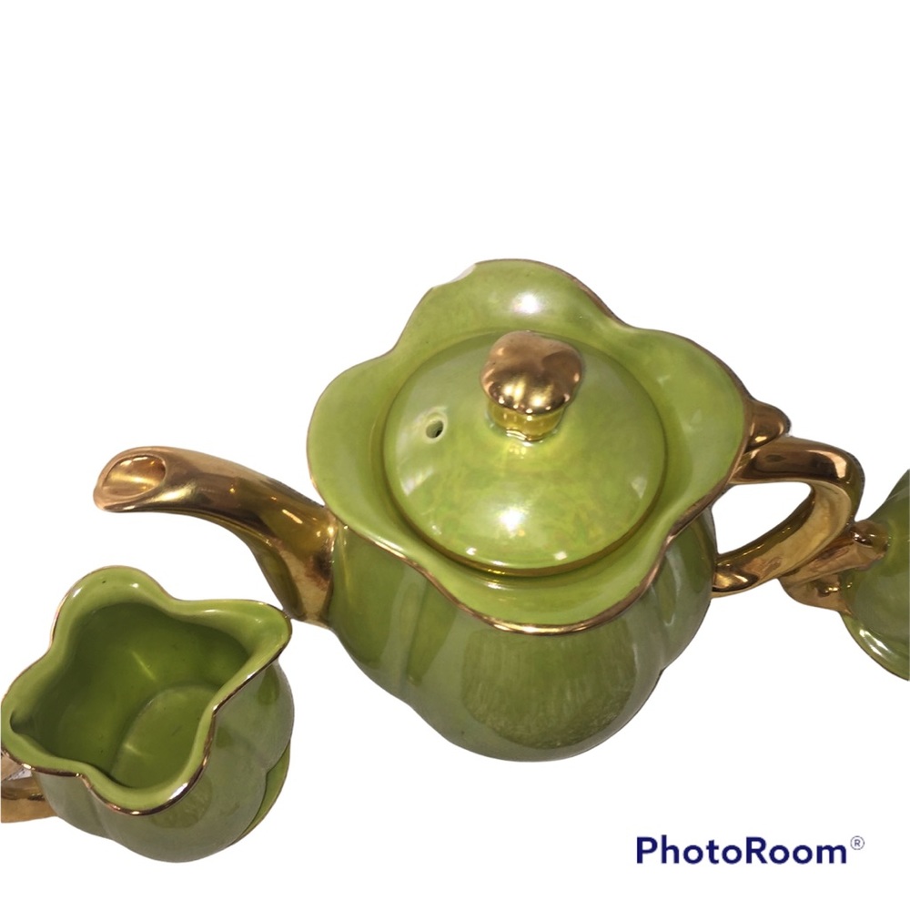 Vintage Pearl Co Teapot Set 22 kt Gold Green Luster Creamer Sugar USA - Picture 3 of 13